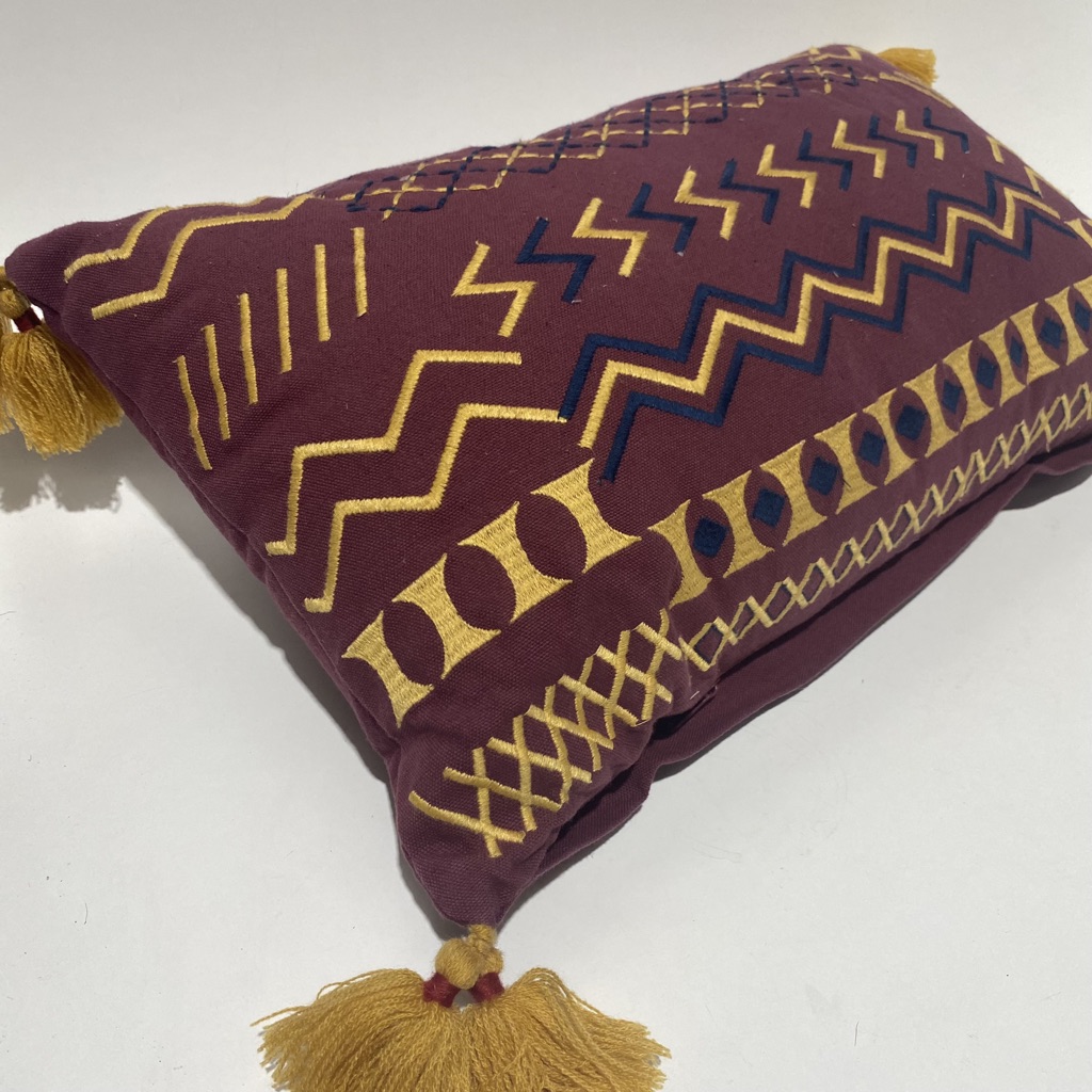 CUSHION, Burgundy Gold Aztec Pattern w Tassels